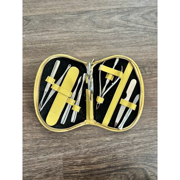 Vintage Manicure Kit Yellow Leather Travel Case Metal Tools - Picture 3 of 9